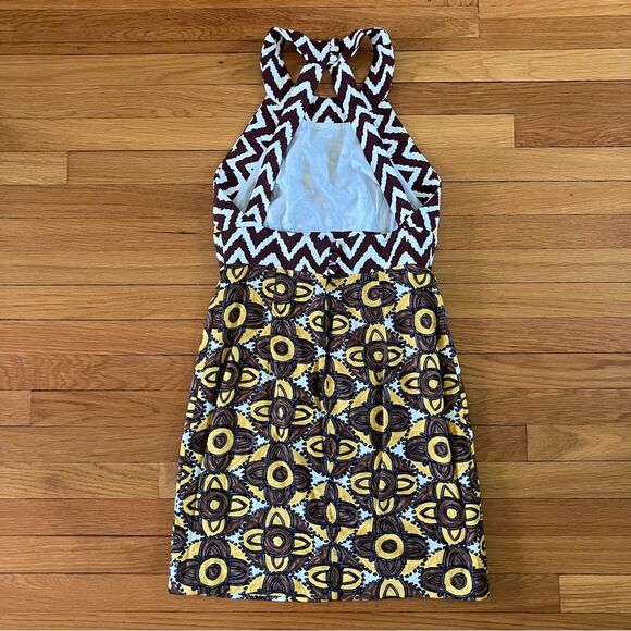Milly Brown Yellow Tribal Print Y2K Vintage Cotton Halter Cocktail Dress 6 - Picture 9 of 12